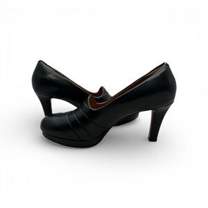 Clarks Delsie Joy Black Leather Platform Heels Classic Career Pumps Block Heel 9